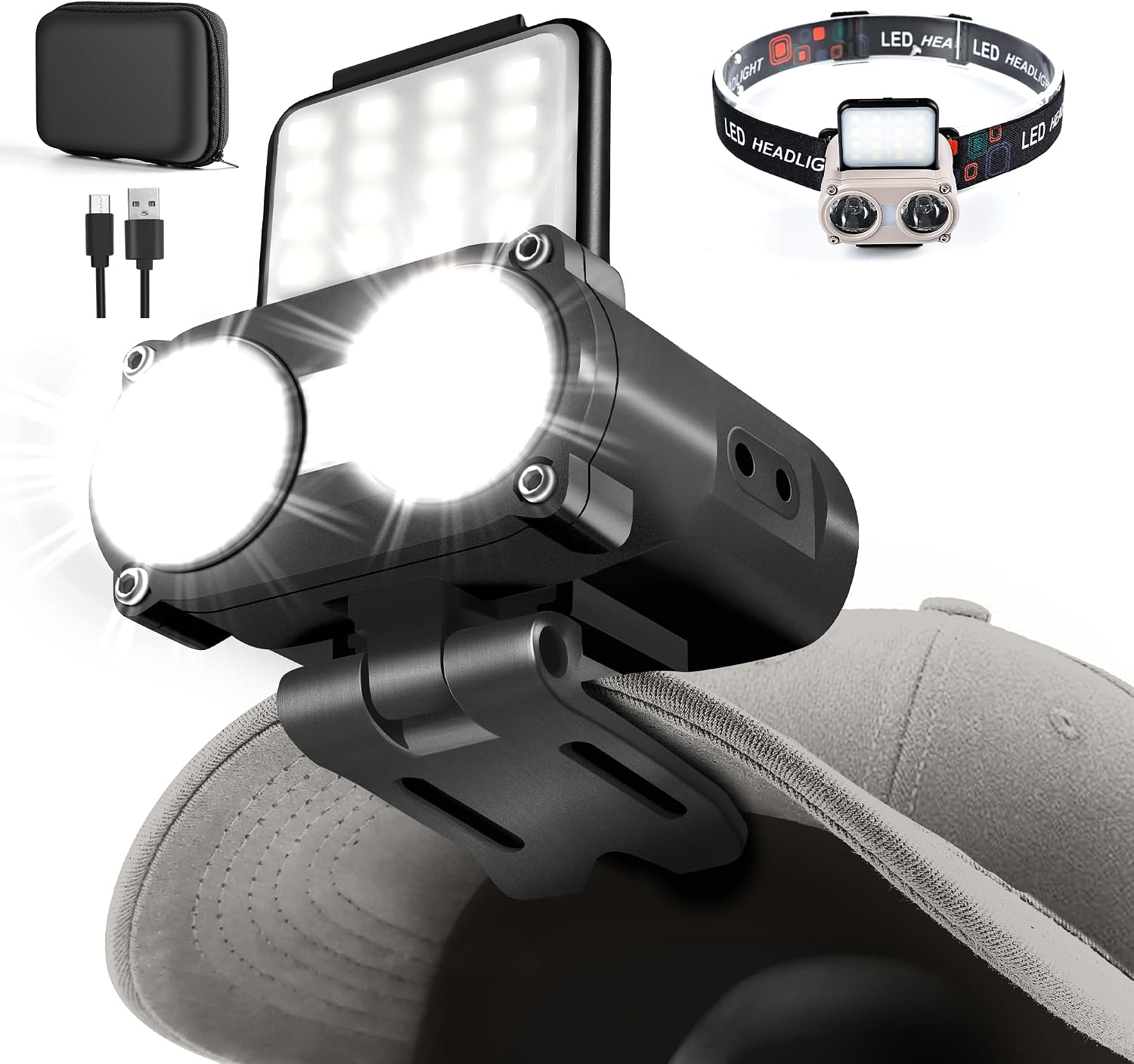 Hopedone 2-in-1 Rechargeable Headlamp & Hat Light, 800LM Clip-On Cap Light