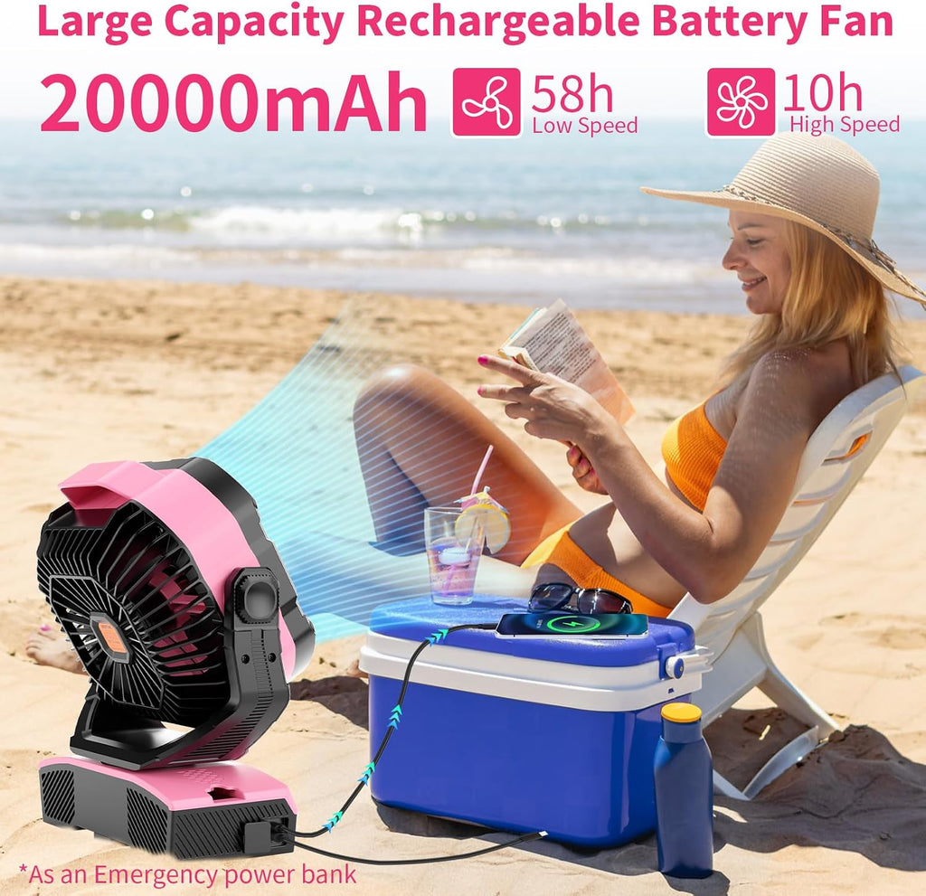 WESTTREE Camping Fan Oscillating Portable Fan 20000mAh Battery Powered Fans Rechargeable Camping Tent essentials Light Hook 270° Pivot USB Desk Outdoor Battery Operated X68 Pink