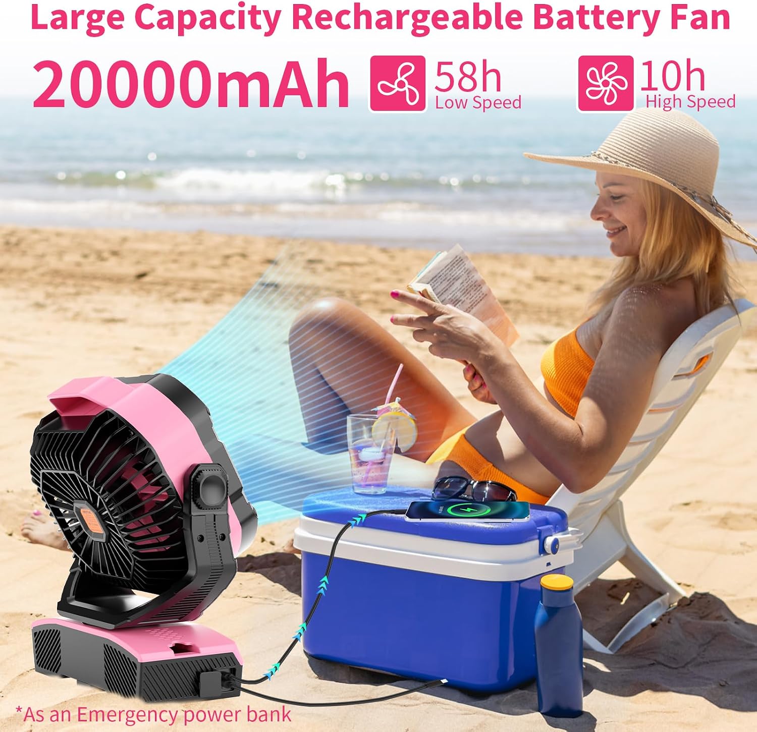 WESTTREE Camping Fan Oscillating Portable Fan 20000mAh Battery Powered Fans Rechargeable Camping Tent essentials Light Hook 270° Pivot USB Desk Outdoor Battery Operated X68 Pink