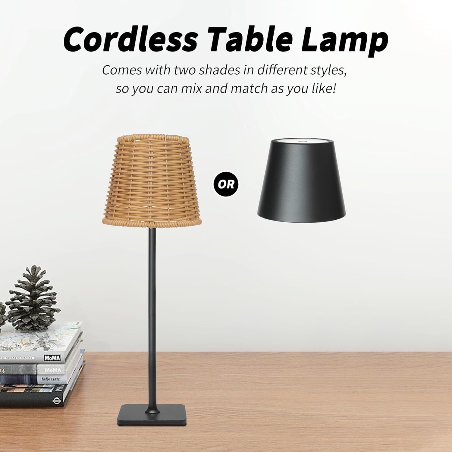 Mr. White Outdoor Waterproof Cordless Set of 2 Rechargeable Portable Top Touch Battery Operated Powered LED Table Lamp Desk Lamp Lights for Restaurant Kitchen Patio Dinner Dining (Black 2 Pack)
