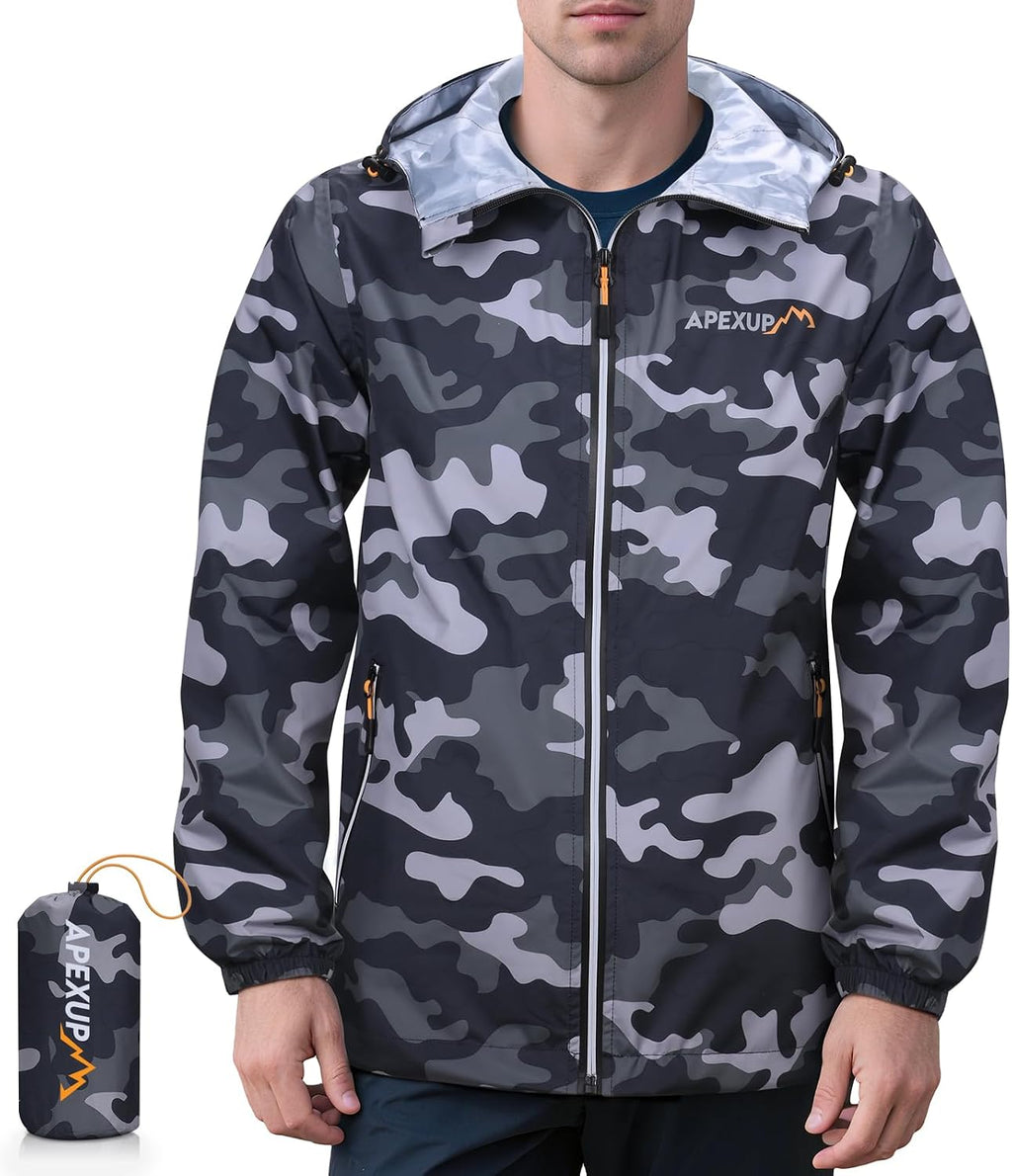 APEXUP Packable Rain Jacket Men Waterproof Lightweight Raincoat with Hood