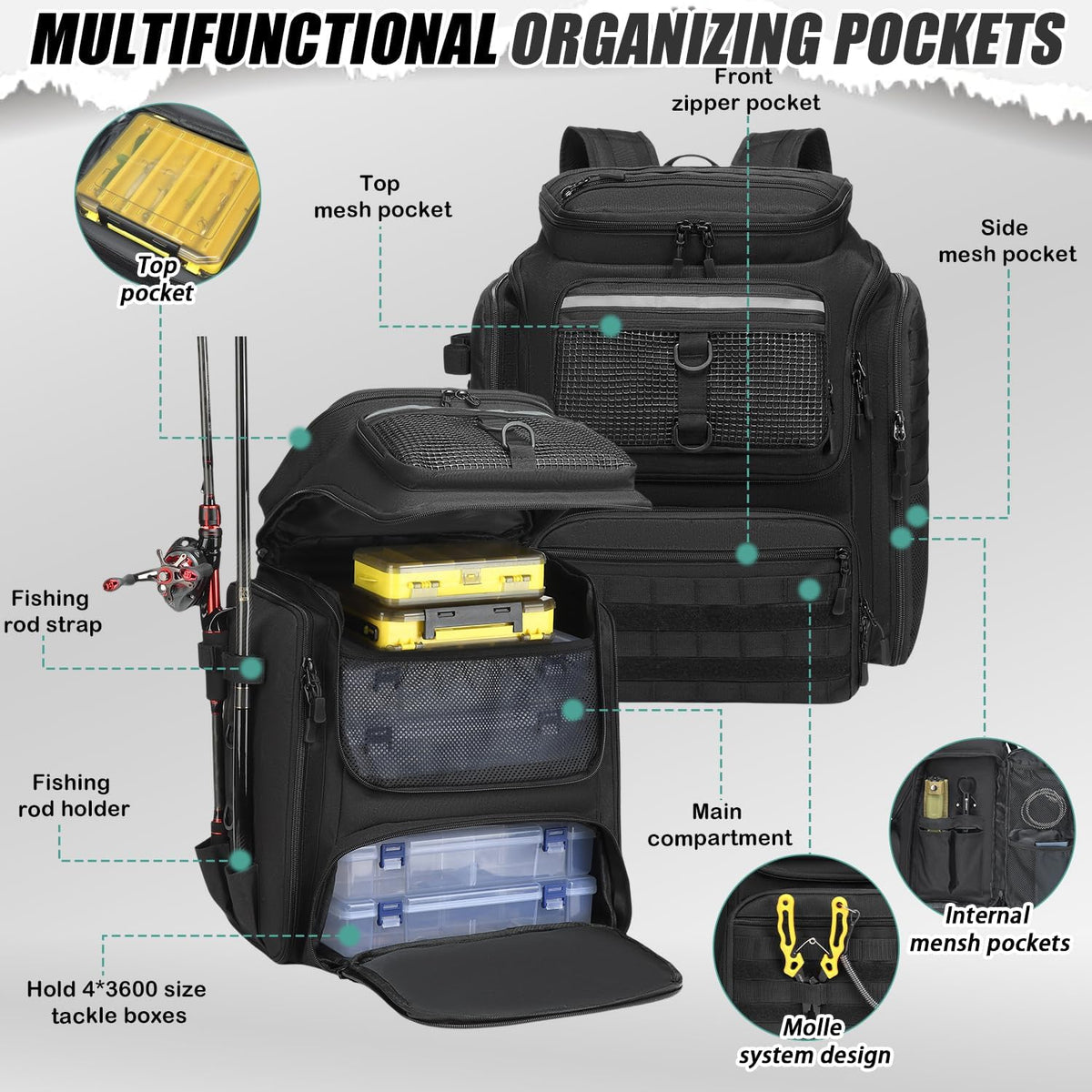 HAMBOLY 45L Fishing Backpack with Rod Holders & Built-in Foldable Divider
