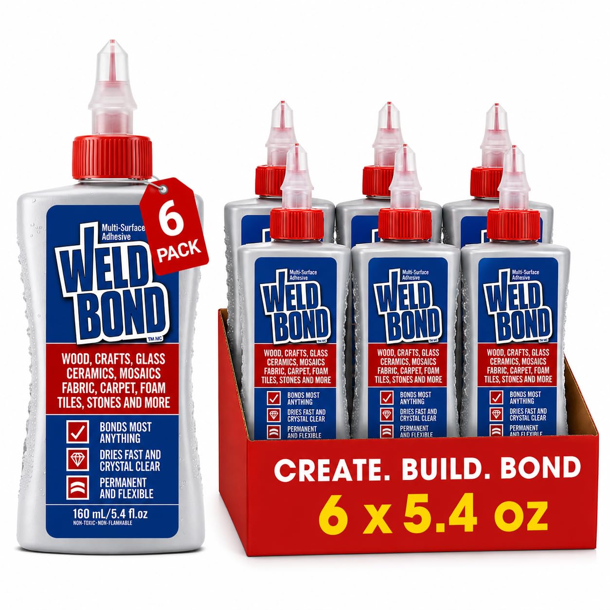 Weldbond Multi-Purpose Glue - The Ultimate Bonding Solution ! Non-Toxic Glue for Wood Glue Glass Mosaic Ceramic Pottery Craft Tile Porcelain Stone Jewelry Fabric Furniture & More. 5.0z /160ml 6-Pack