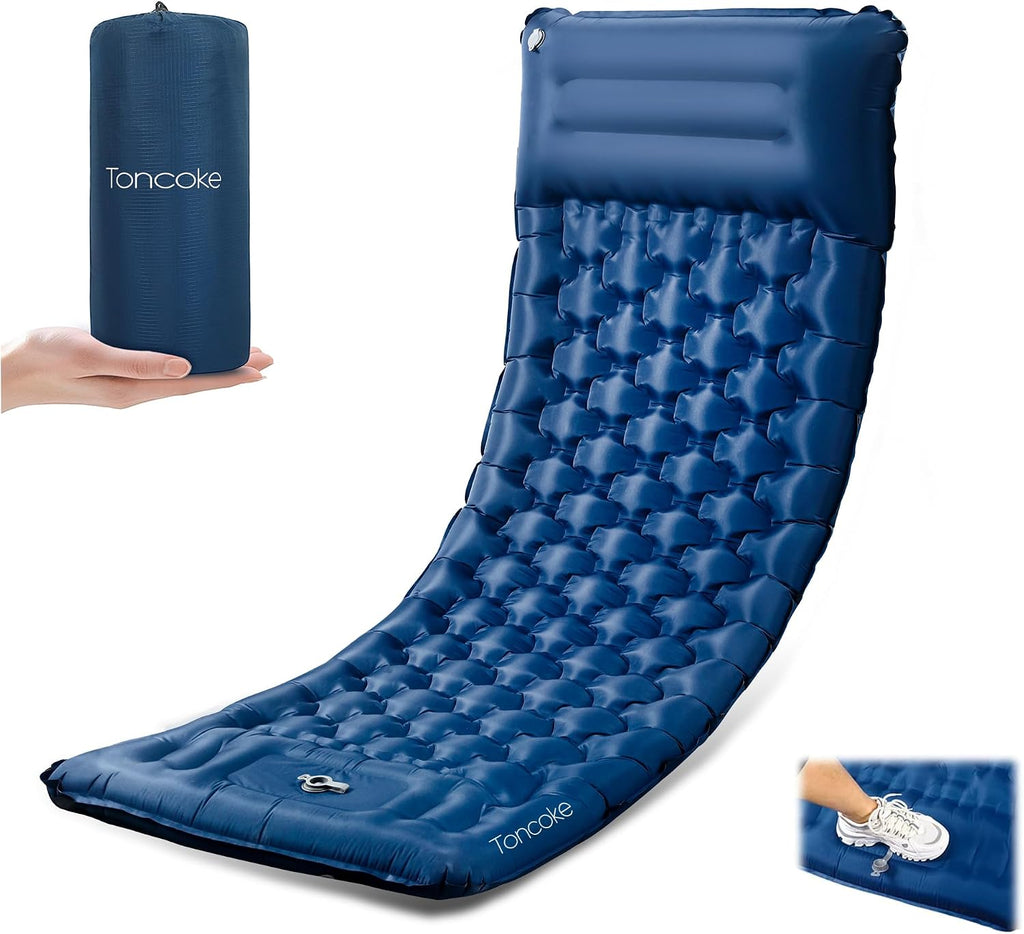 Toncoke Sleeping Pad, 4.7" Extra-Thick & Ultralight Inflatable Camping Mat with Pillow, Built-in Foot Pump, Compact for Backpacking, Camping, Hiking, Travel — Navy Blue