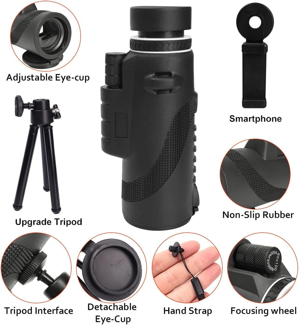 80X100 Monocular Telescope, High Power Monocular for Adults with Phone Adapter & Tripod & Hand Strap, Equipped with BAK4 Prism for Bird Watching (Black, 15.3x7cm)
