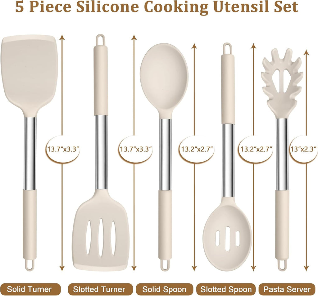 TeamFar Cooking Utensils Set, 5 PCS Silicone Kitchen Utensils, Khaki