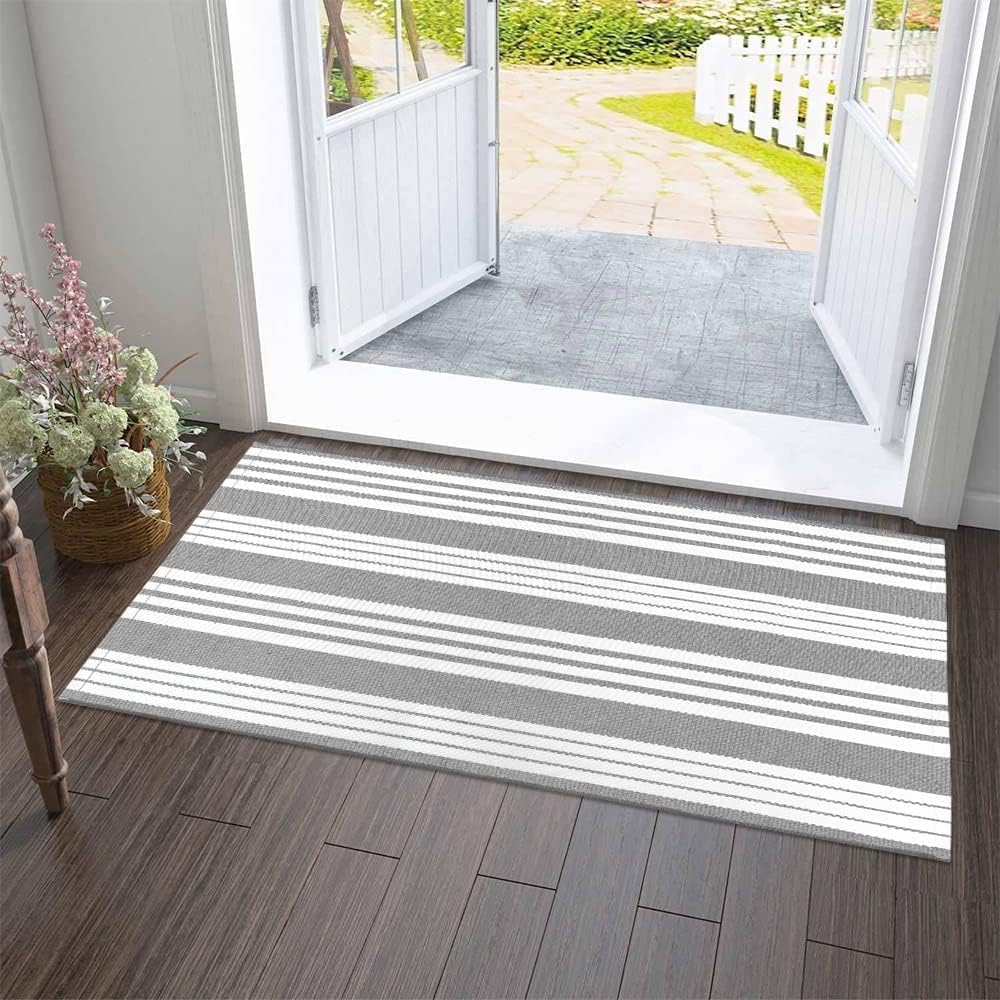 OJIA Front Door Rug 24"x51" Gray and White Striped Outdoor Rug Porch Decor