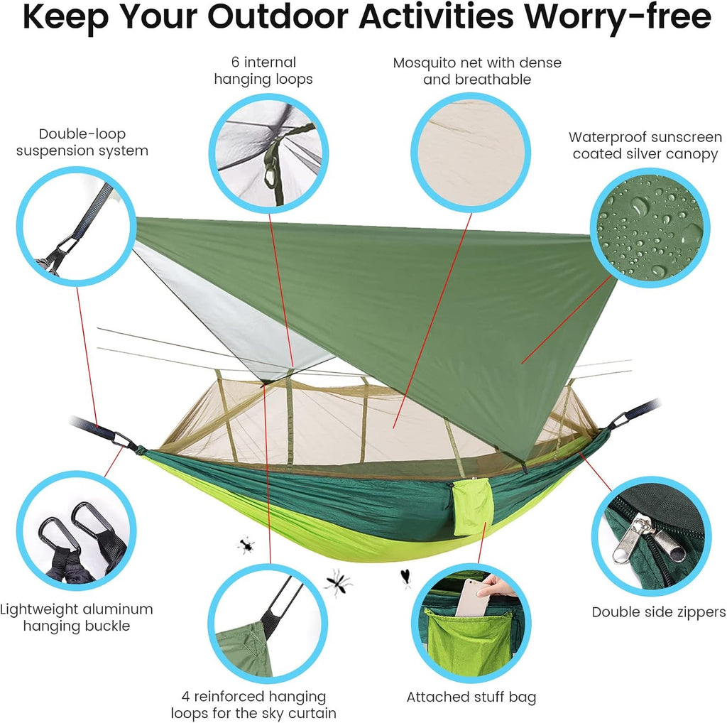 Camping Hammock with Mosquito Net & Rain Fly Tent Tarp & Tree Straps Portable Strong Nylon Hammock Tent w/Storage Bag for Camping Hiking Backyard Outdoor Backpacking Travel