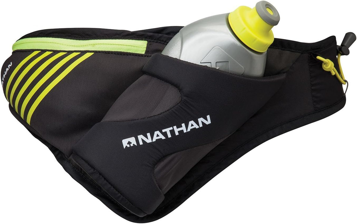 Nathan Peak Running Hydration Waist Pack Belt w/ Speed Draw Flask Water Bottle, 18oz/535 ml Push/Pull Race Cap, Expandable Zippered Stretch Pocket