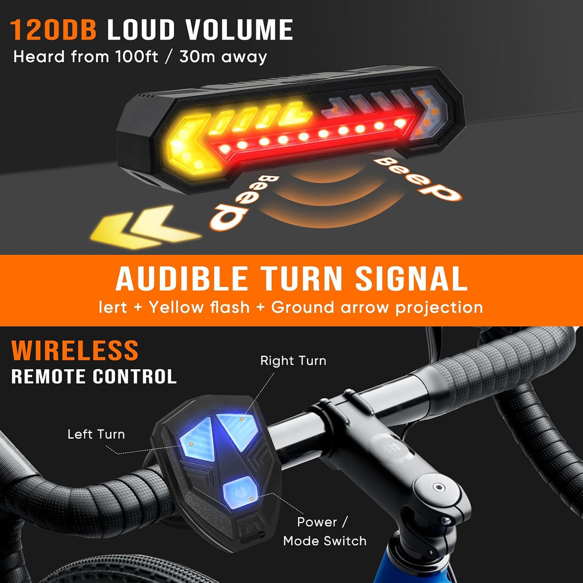 Vcwtty Smart Bike Tail Light, Wireless Remote Turn Signals with 120dB Audio Warning & Virtual Lane Projection, USB-C Rechargeable Rear Cycling Light, IP65 Waterproof Anti-Collision Safety Signal