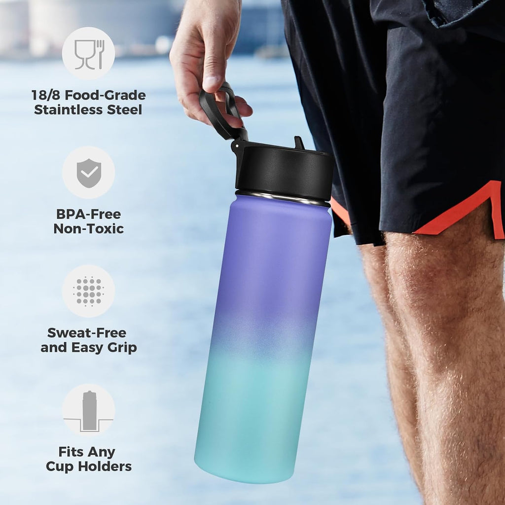 Neihepal 22 oz Insulated Water Bottles Bulk, Double Walled Vacuum Stainless Steel Water Bottle Multipack with Leak Proof Straw Lid for Men, Adults, Kids, Gym, Sports (Purple Blue,4 Pack)