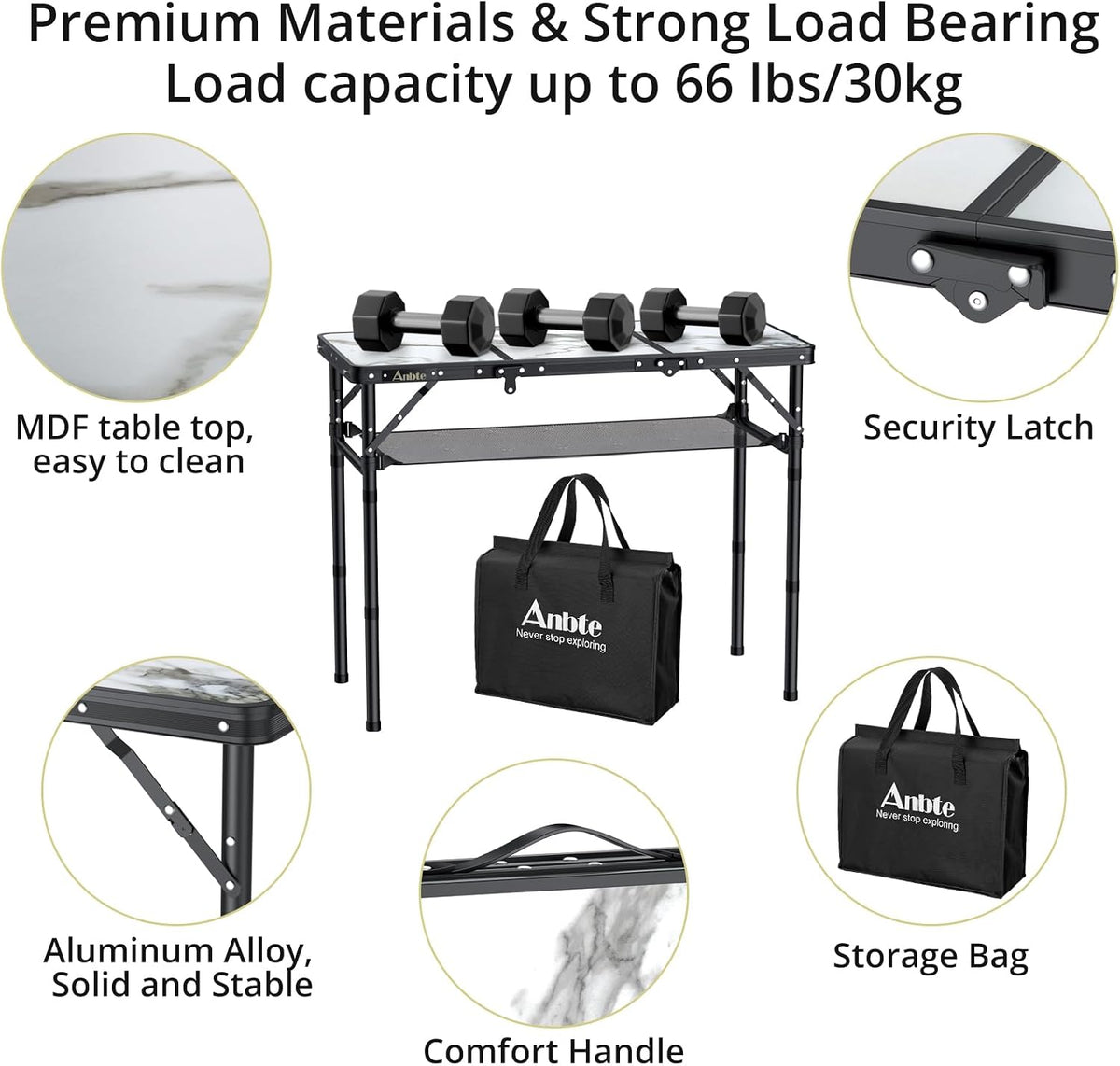 Anbte 3ft Folding Camping Table, 3 Adjustable Height Max 27.5", White