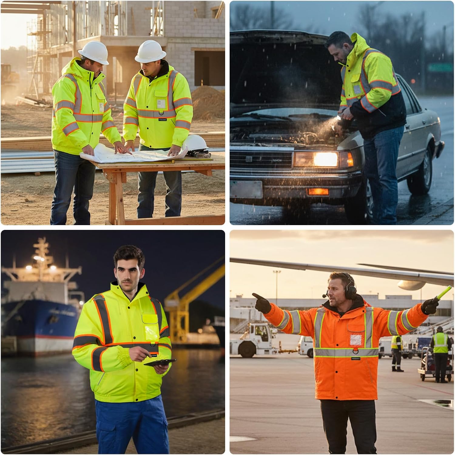 TICONN Hi Vis Safety Bomber Jacket, Fleece-Lined Waterproof ANSI Class 3