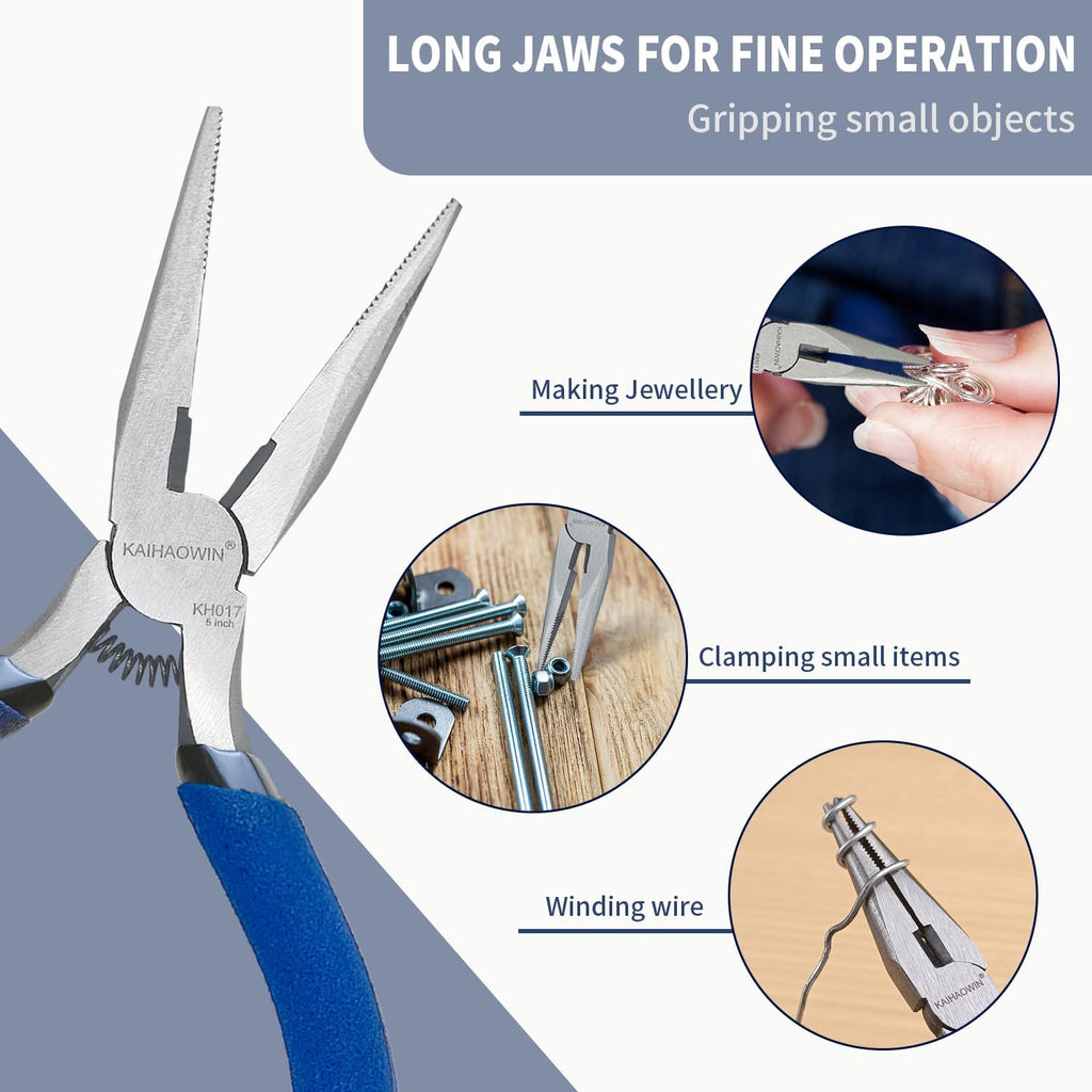 KAIHAOWIN 5" Mini Needle Nose Pliers - 5 Pack, Precision Small Long Nose Pliers for Jewelry Making & Wire Cutting, Spring Loaded Thin Needle Nose Pliers Set, Rustless High Carbon Steel