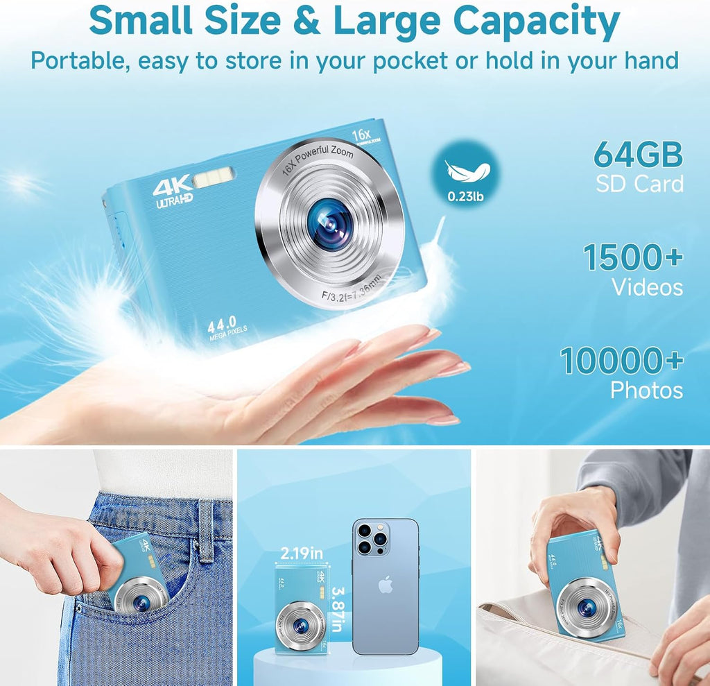 SMARTKLIK Digital Camera for Teens, FHD 4K 44MP with 64GB SD Card, 16X Digital Zoom, Compact Point Shoot Camera Blue