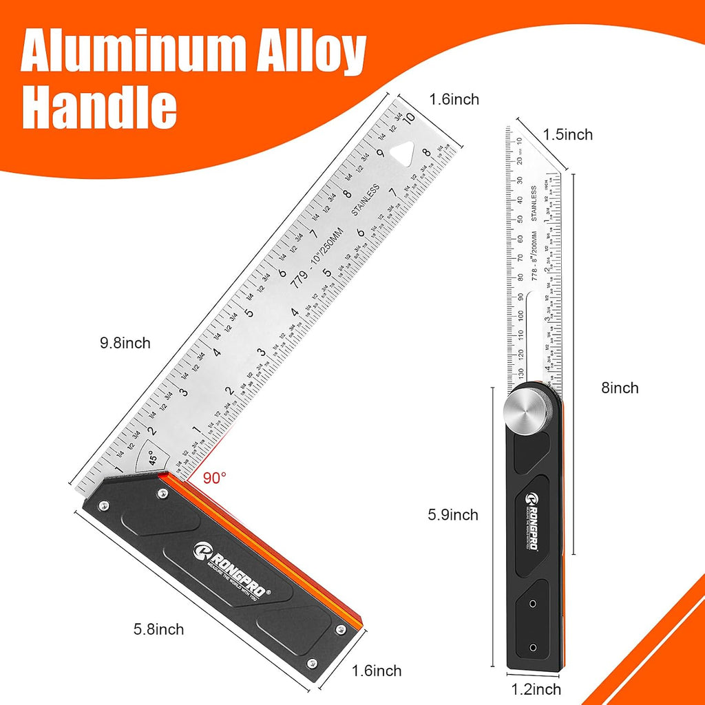 10Inch Woodworking Square Ruler and T-Bevel Gauge Set - 1/16" Precision,Sliding T-Bevel and T Measurements Ruler, Aluminum Handle Carpenter Square Layout Tool for Woodworking -Imperial…