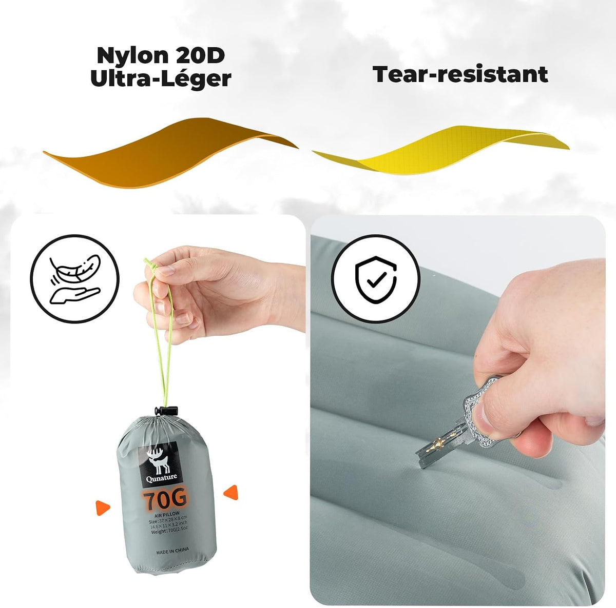 Ultralight Inflatable Camping Pillow, 70g Adjustable TPU Cushion, 20D Nylon Durable, Ergonomic Baffle for Neck & Lumbar, Compact for Hiking Airplane, Dawn Yellow