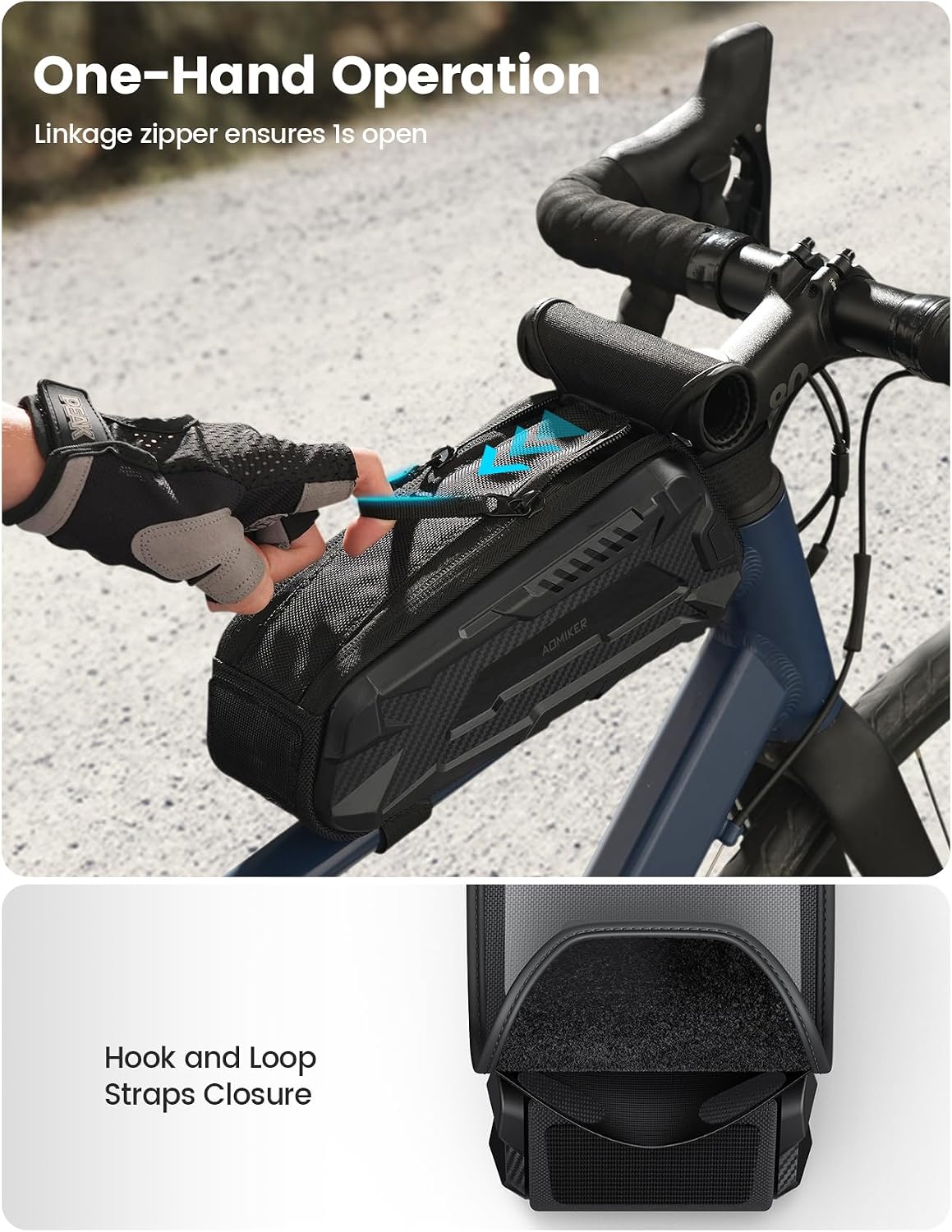 Aomiker Waterproof Bike Frame Bag - [2025 Quick Zipper] Bike Phone Bag with 1.6L Capacity, Bicycle Top Tube Bag, Bike Phone Mount Holder, Cycling Pouch, Bike Accessories for Phones up to 7"