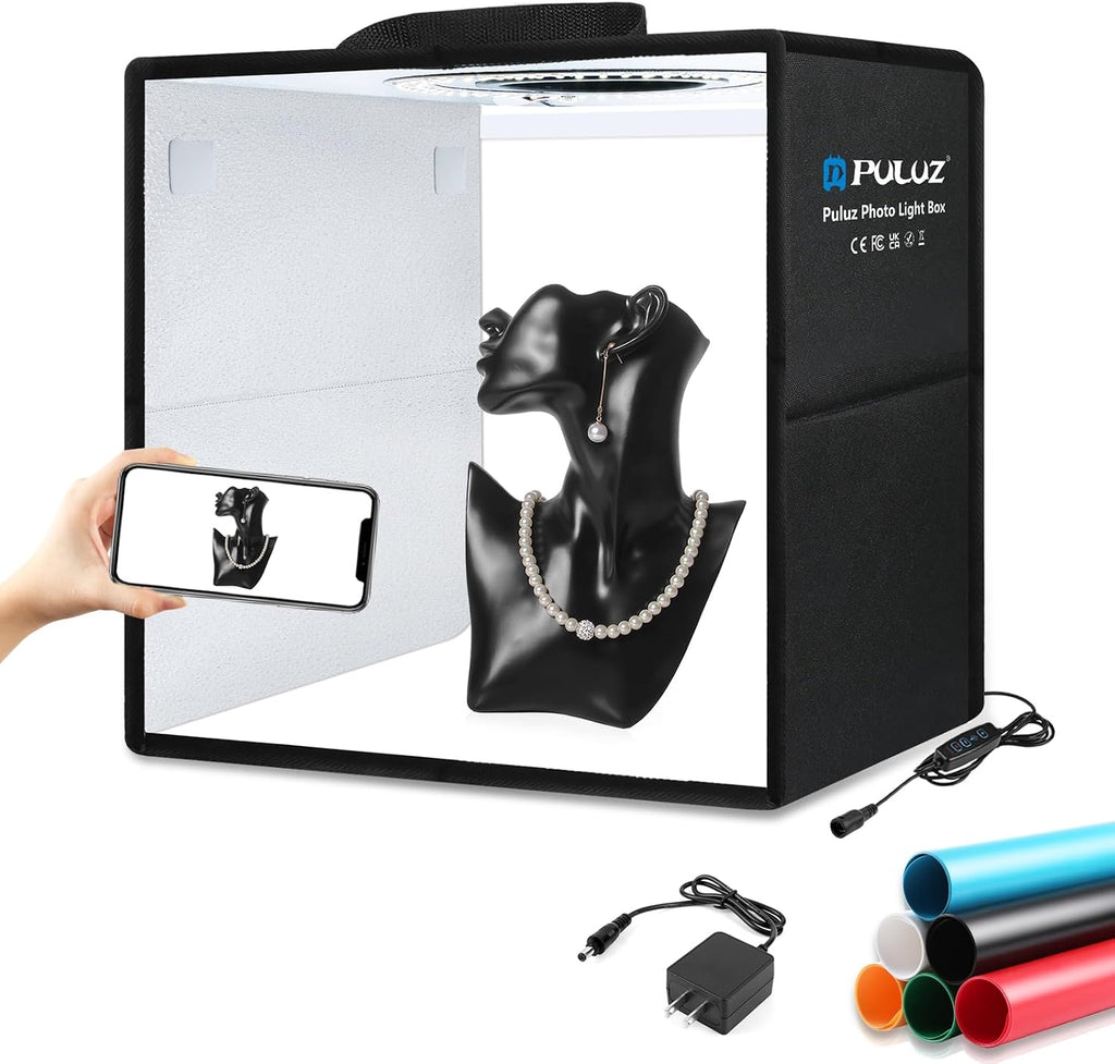 PULUZ Light Box Photography, 12"x12" Professional Dimmable Shooting Tent Kit with CRI >95 White Lighting 120 LEDs Lights + 6 Photo Backdrops for Product Display