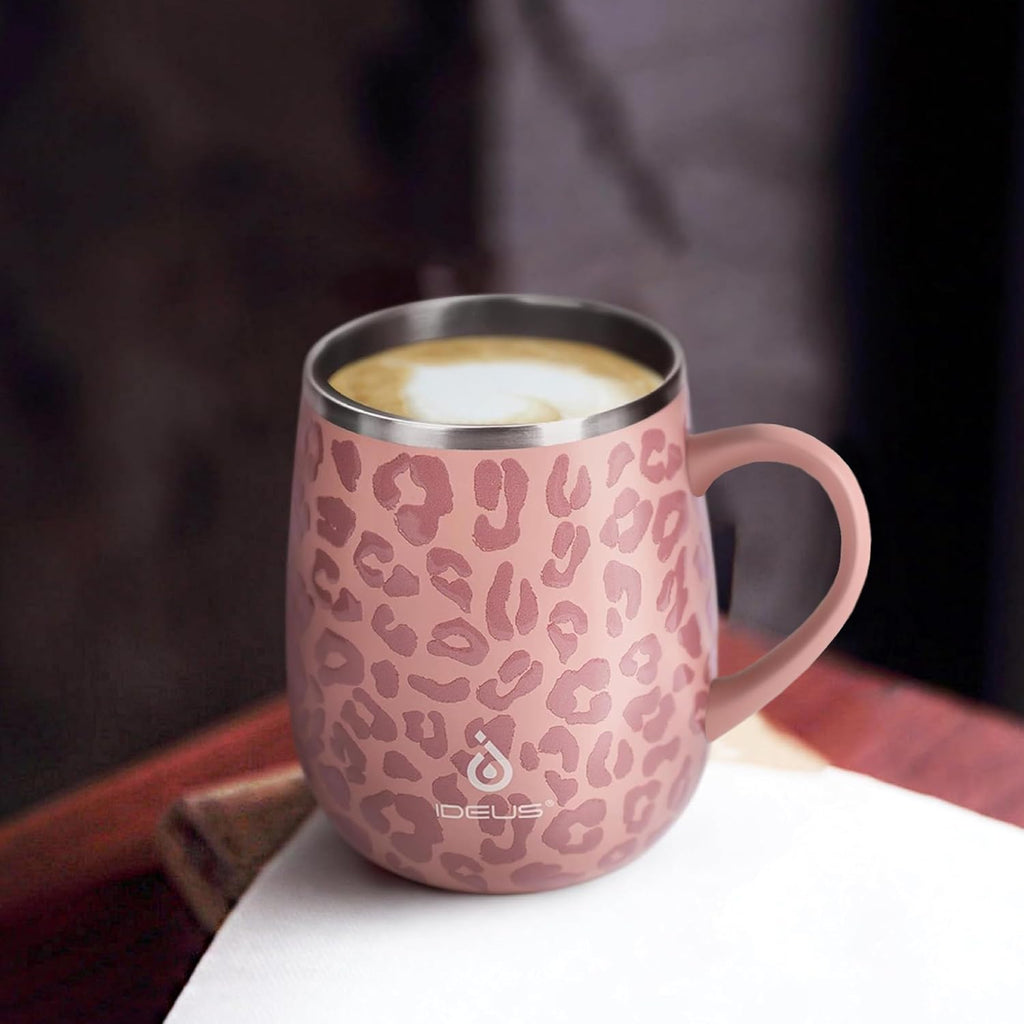 Ideus 16 oz Insulated Coffee Mug with Lid and Handle (Leopard Pink)