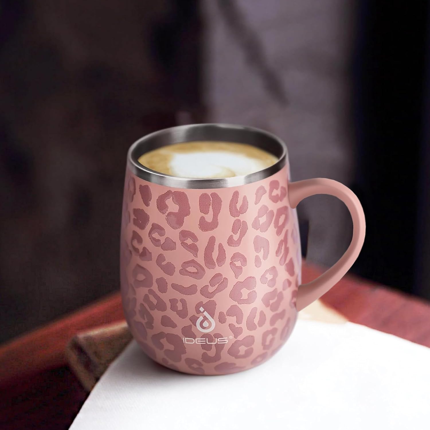 Ideus 16 oz Insulated Coffee Mug with Lid and Handle (Leopard Pink)