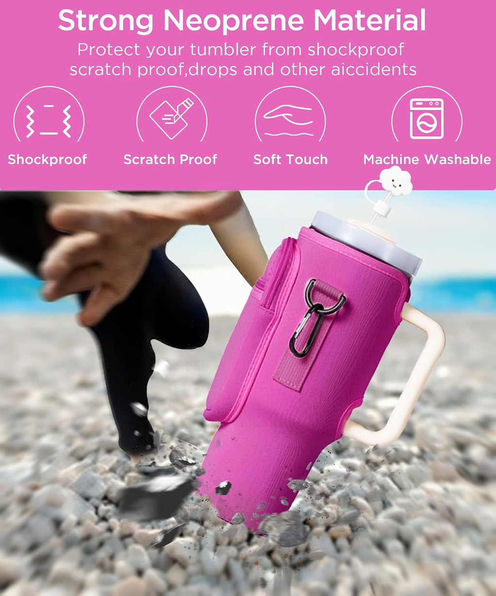 dabria Water Bottle Carrier Bag with Phone Pocket for Stanley 40/30 oz Tumbler Neoprene Water Bottle Holder Pouch with Adjustable Strap Bollus with Straw Cover for Stanley Cup Accessories