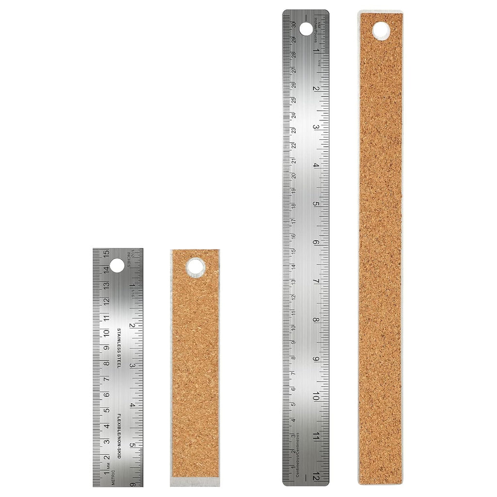 Frienda 2 Pcs Metal Ruler Cork Backed 12+18 Inch Non-Slip Straight Edge