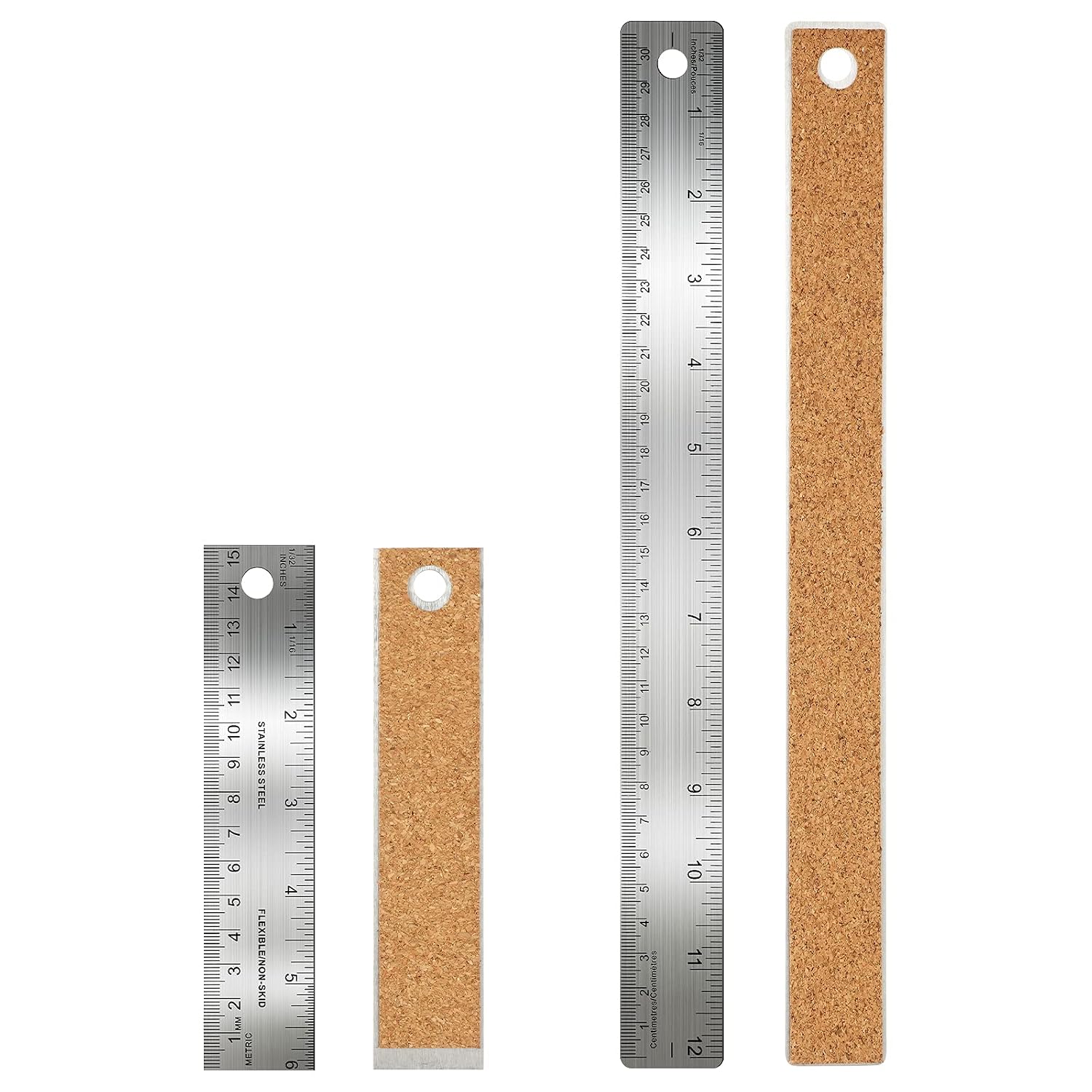 Frienda 2 Pcs Metal Ruler Cork Backed 12+18 Inch Non-Slip Straight Edge
