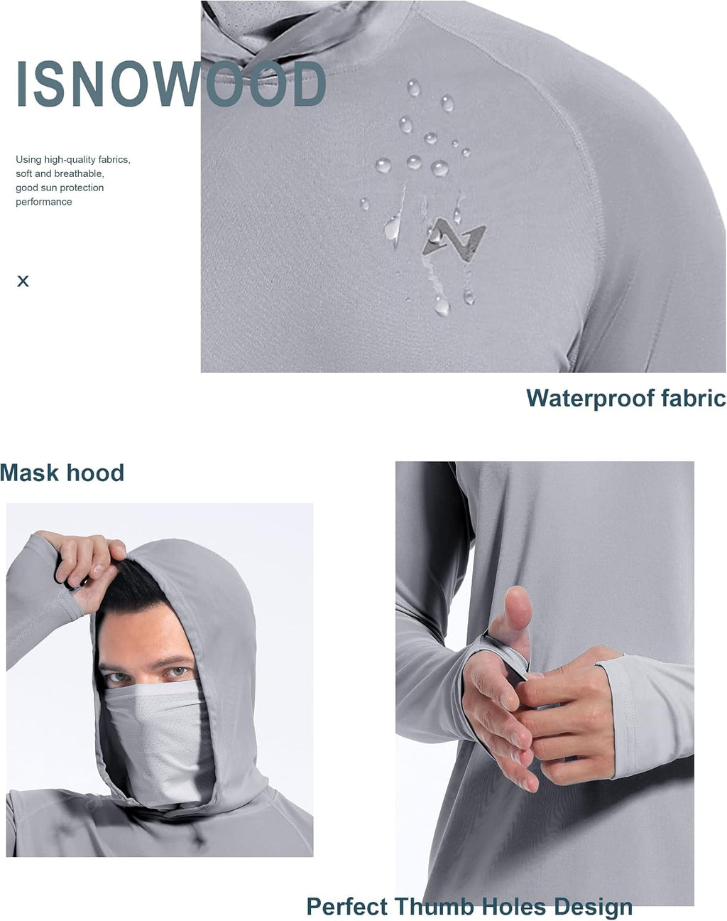 isnowood Mens UPF 50+ Sun Hoodie Long Sleeve Fishing Shirt with Face Mask
