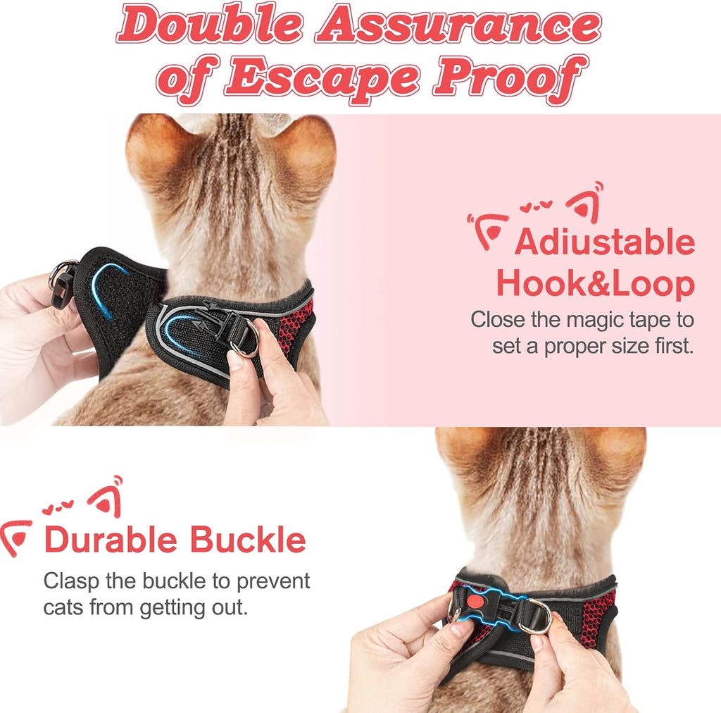 Cat Harness and Leash for Walking Escape Proof, Adjustable Kitten Vest Harness Reflective Soft Mesh Puppy Harness for Outdoor, Comfort Fit, Easy to Control (Red, M)