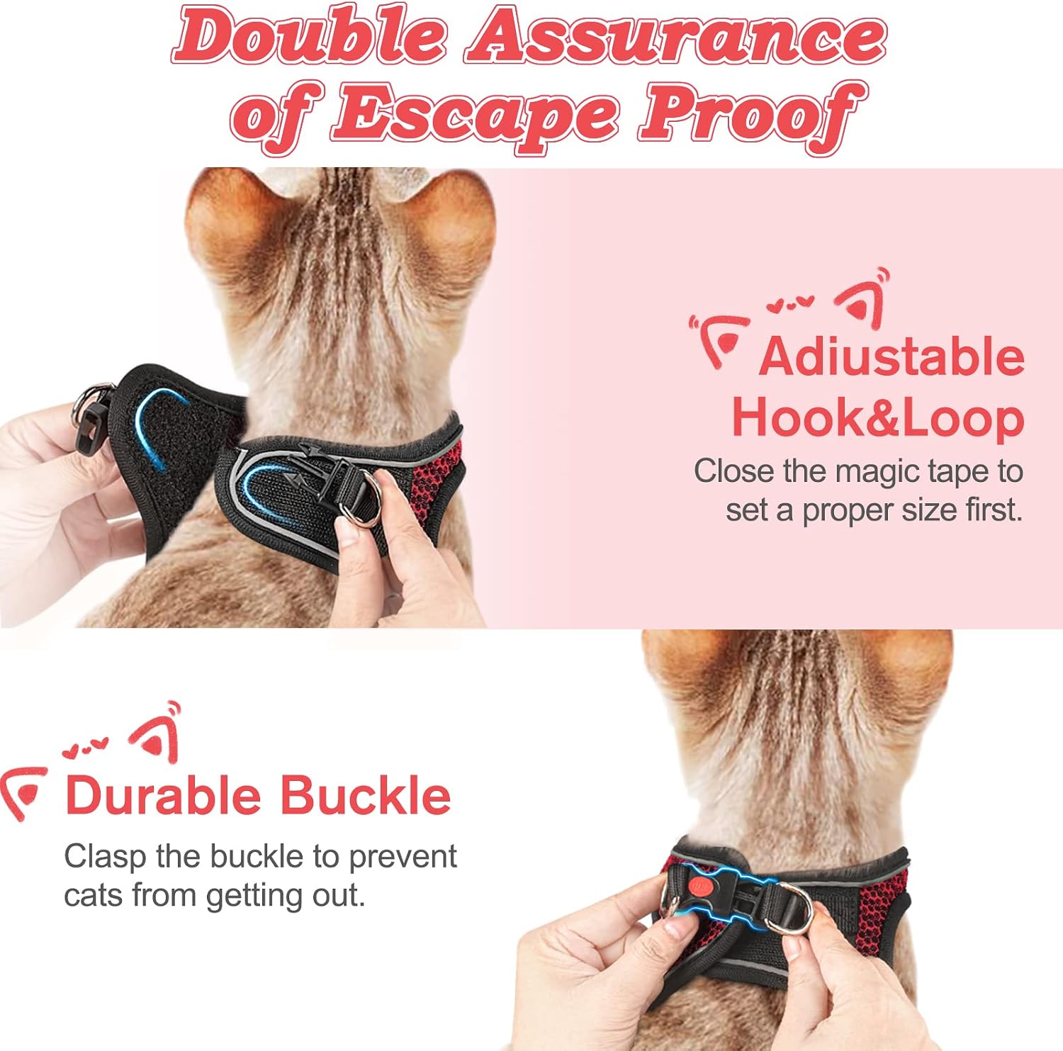 Cat Harness and Leash for Walking Escape Proof, Adjustable Kitten Vest Harness Reflective Soft Mesh Puppy Harness for Outdoor, Comfort Fit, Easy to Control (Red, M)