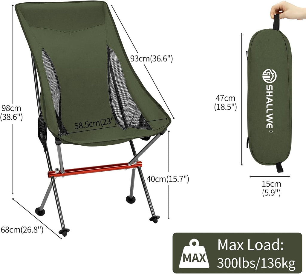 SHALLWE Camping Chairs, All Aluminum Frame Portable Folding Camp Chair for Adults, Heavy Duty High Back Collapsible with Built-in Pillow, Side Pocket, Carry Bag for Backpacking, Hiking, Beach