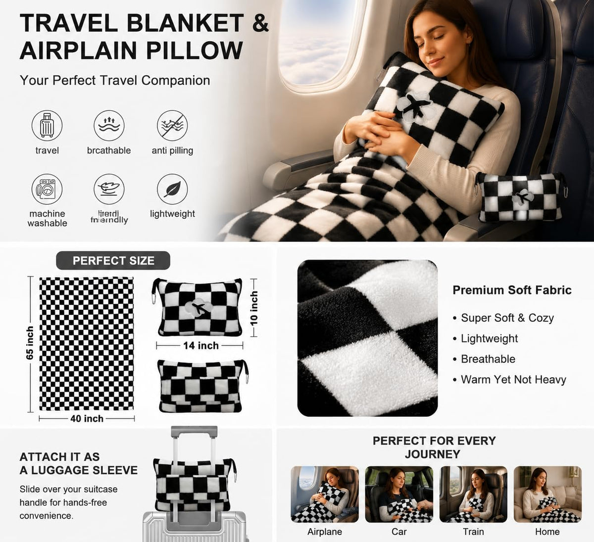 Travel Blanket and Pillow Compact, Premium Soft 2 in 1 Airplane Blanket with Soft Bag Pillowcase，Hand Luggage Sleeve and Backpack Clip (Checkered Black)
