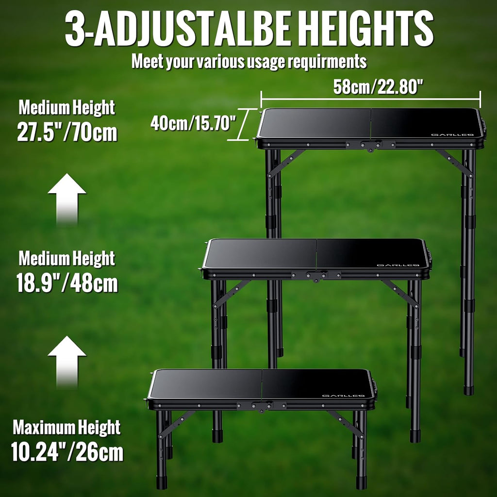 GARLLEN Waterproof Folding Camping Table with 3 Adjustable Height Max 27.5"