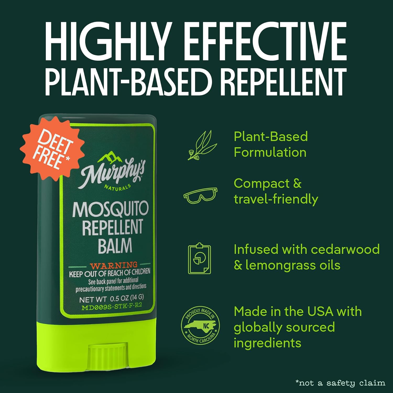 Murphy's Naturals Mosquito Repellent Balm, Plant-Based, 0.5 oz (Pack of 3) | Formulated with cedarwood, lemongrass & rosemary oils; DEET-free*, repels mosquitoes up to 2 hrs & ticks 1 hr; travel-size