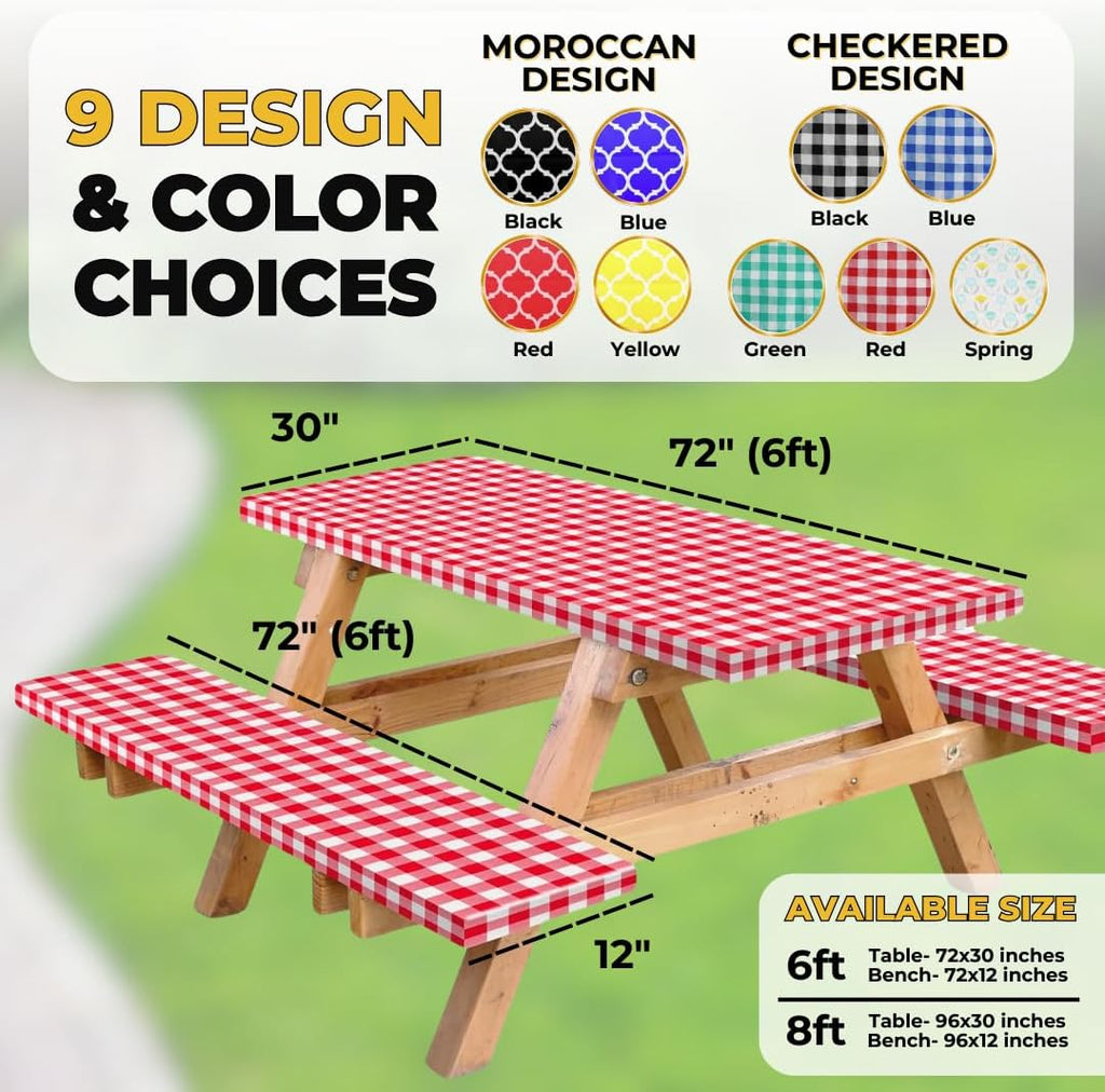 Vinyl Fitted Picnic Table Cover with Bench Covers & Bag 6ft Red Checkered