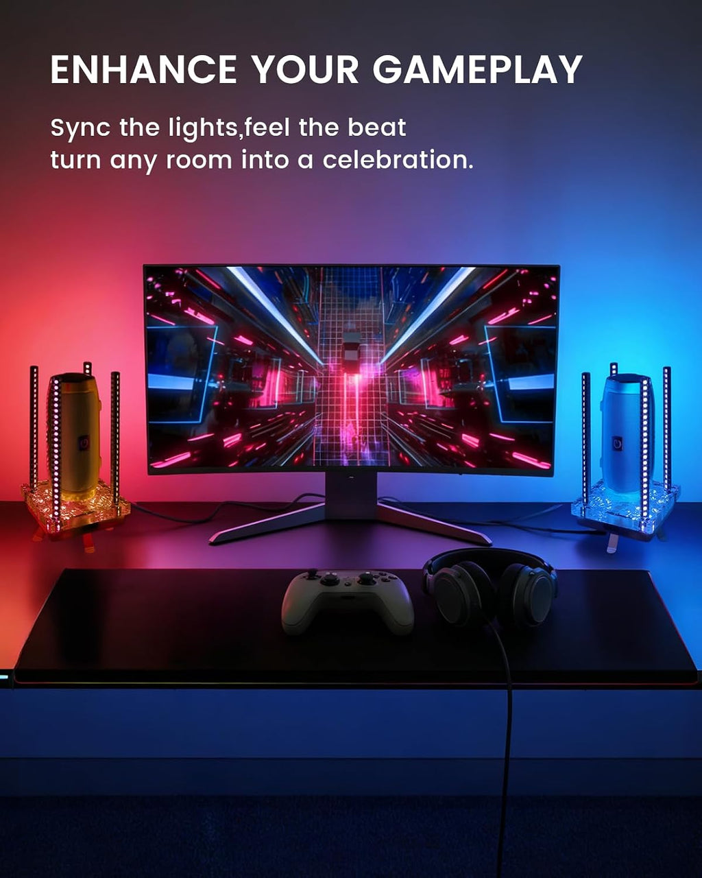Music Sync RGB Ambient Light, App Controlled & Sound Reactive Audio Visual Lighting for Gaming Desk, Party & Desk Setup (Grey)