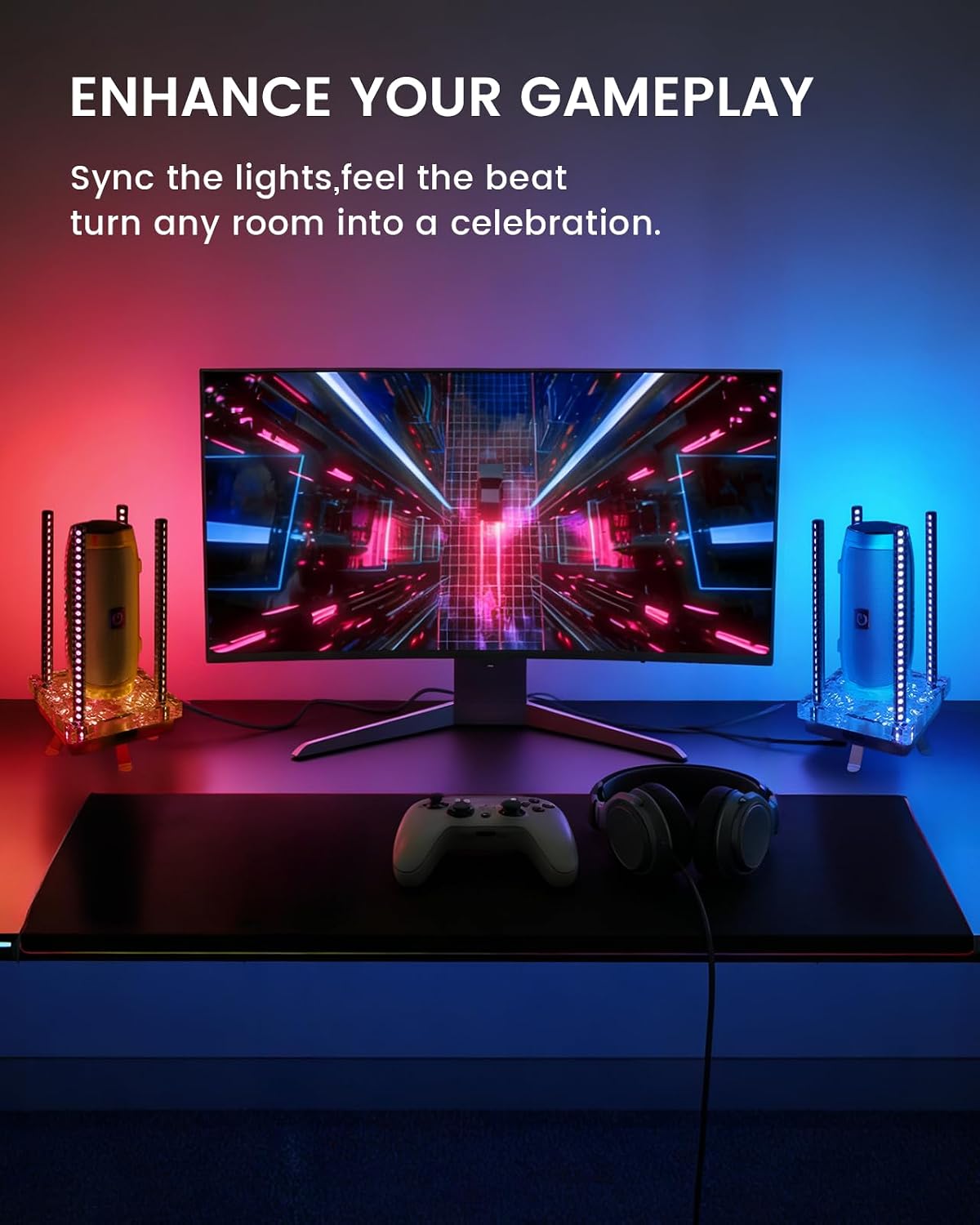 Music Sync RGB Ambient Light, App Controlled & Sound Reactive Audio Visual Lighting for Gaming Desk, Party & Desk Setup (Grey)
