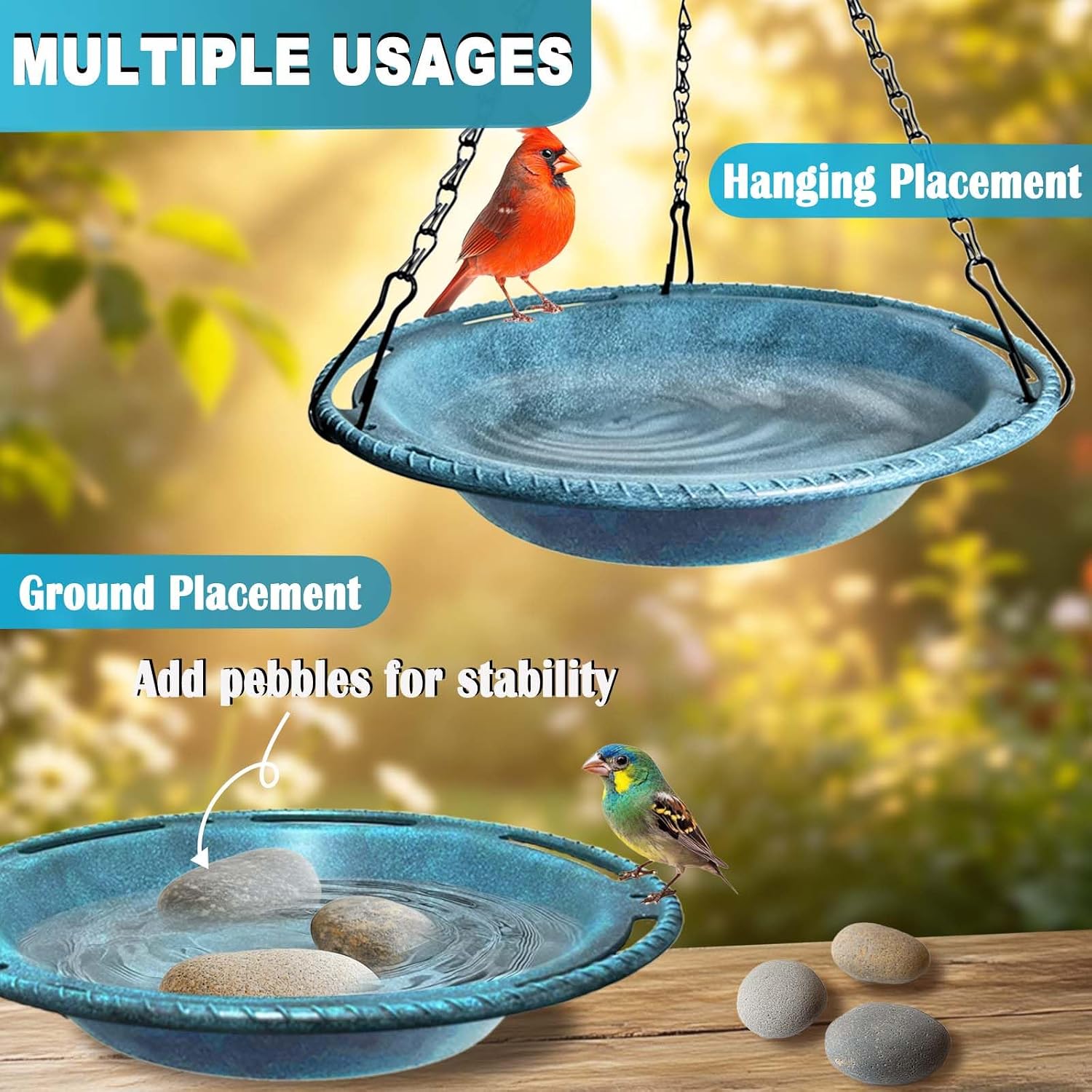 Hanging Bird Bath & Feeder Bowl, 12 in, Antique Blue