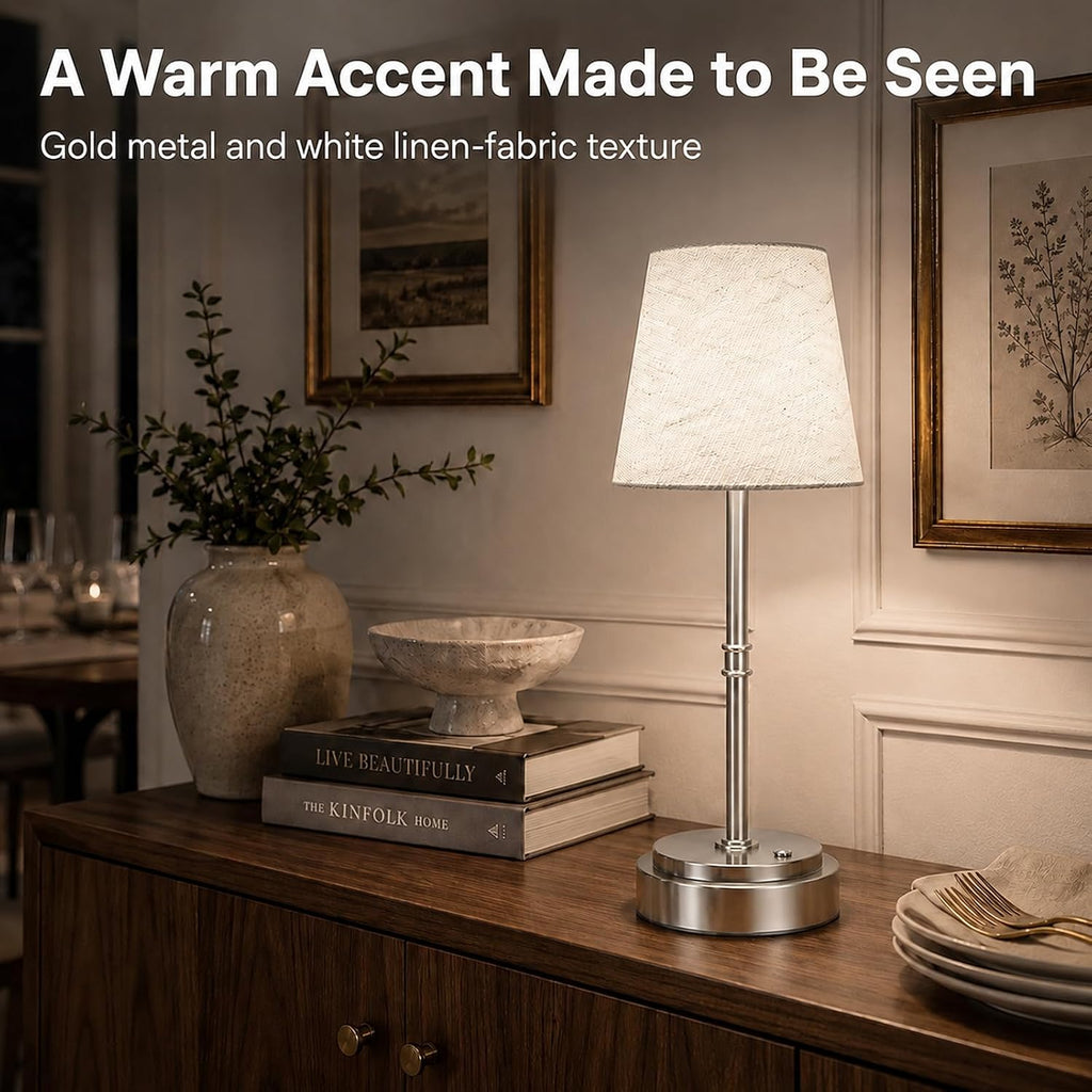 Rechargeable Cordless Table Lamp, Battery Operated Bedside Lamp, Silver