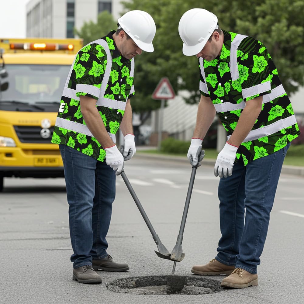 High Visibility Hawaiian Shirt for Men Tropical Shirts Custom Name Floral Outfit Reflective Safety Workwear