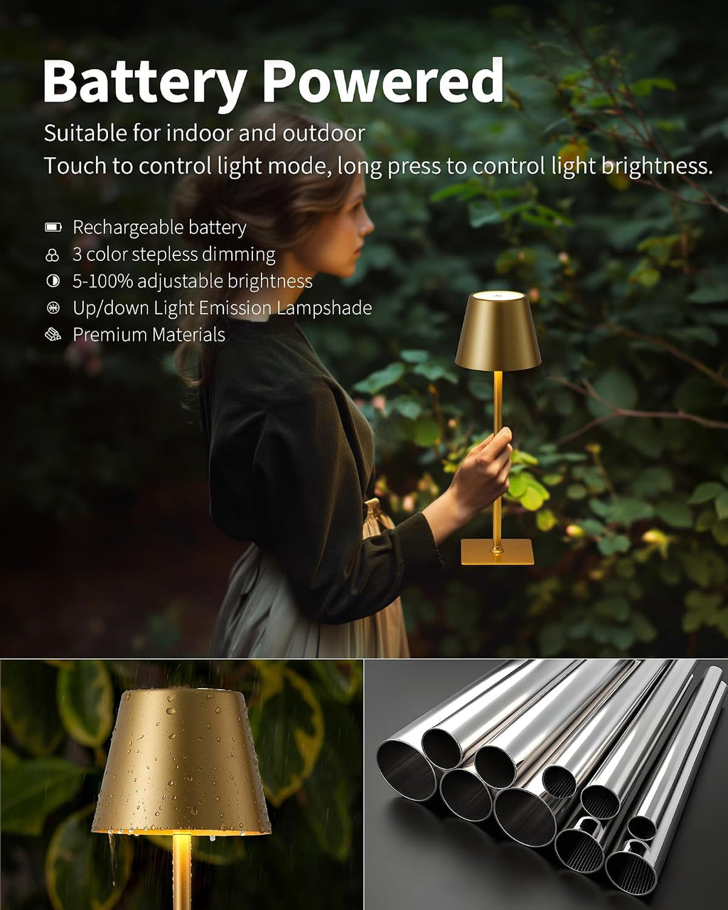 KDG Gold Cordless Table Lamps Set of 2, 4000mAh Rechargeable LED Desk Lamp