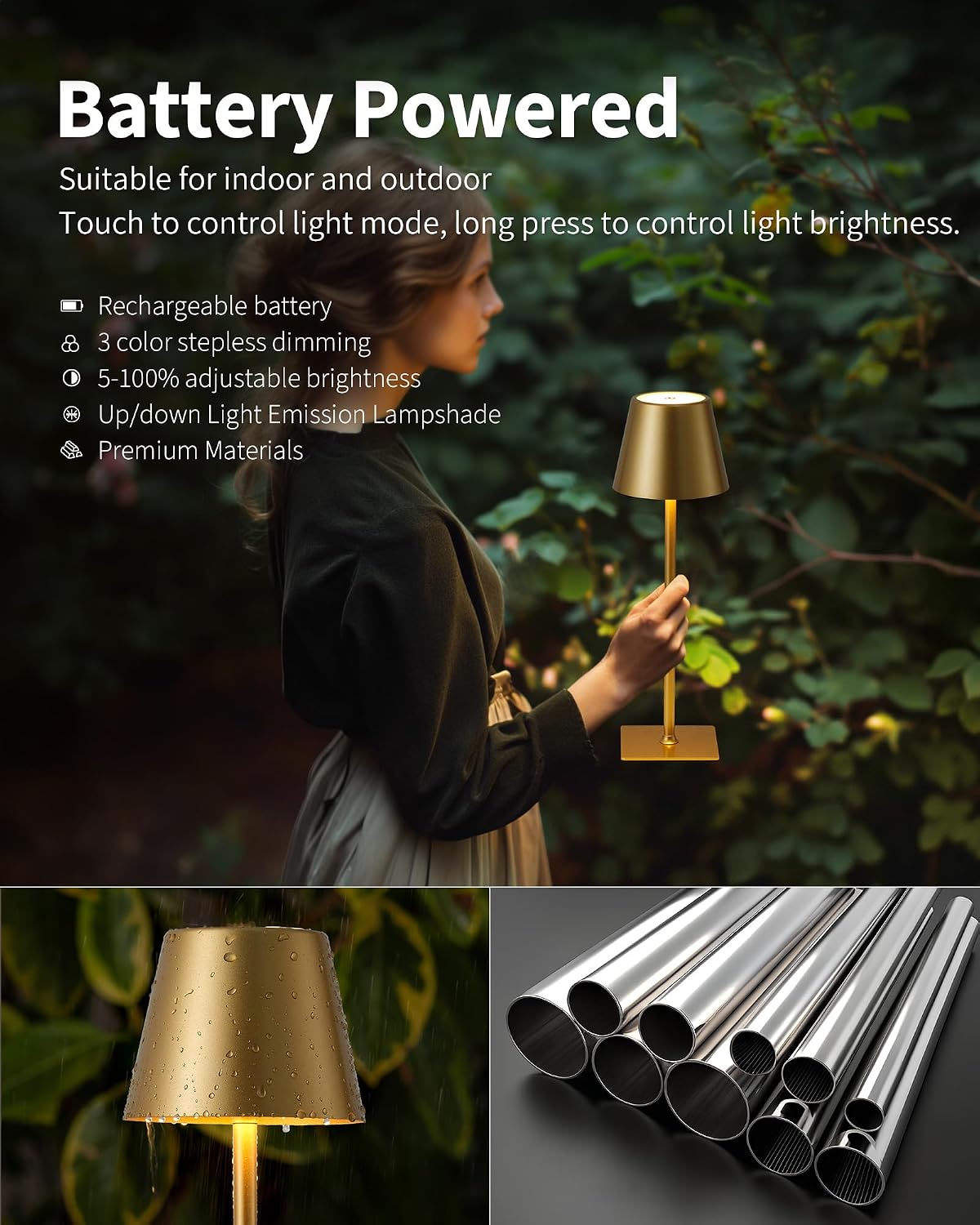 KDG Gold Cordless Table Lamps Set of 2, 4000mAh Rechargeable LED Desk Lamp
