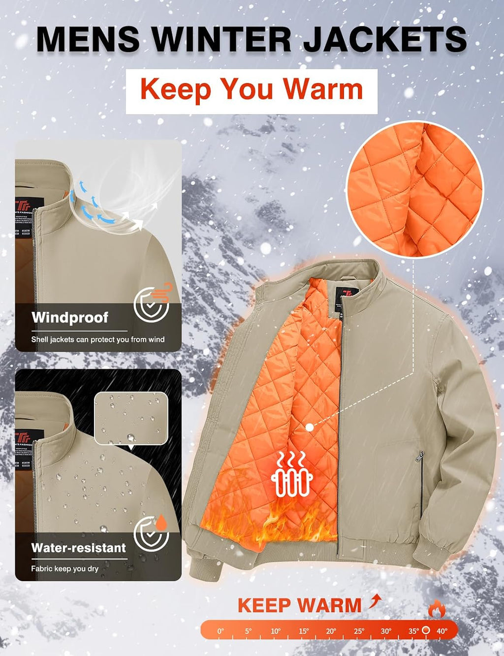 TBMPOY Men's Winter Jackets Bomber Padded Casual Windbreaker Warm Fall Coat