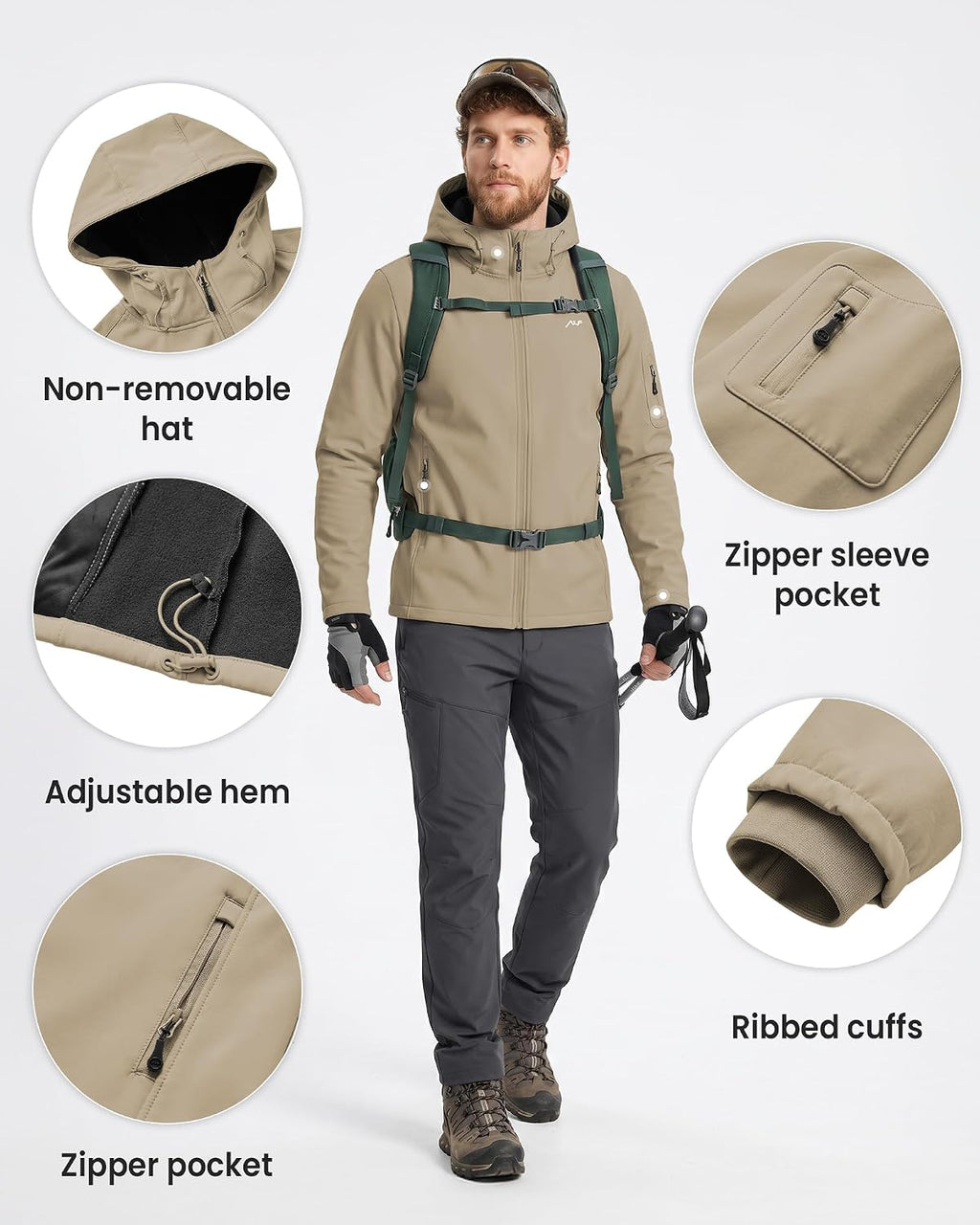 WULFUL Men's Lightweight Softshell Jacket Warm Fleece Lined Windbreaker Waterproof Soft Shell for Outdoor Hiking