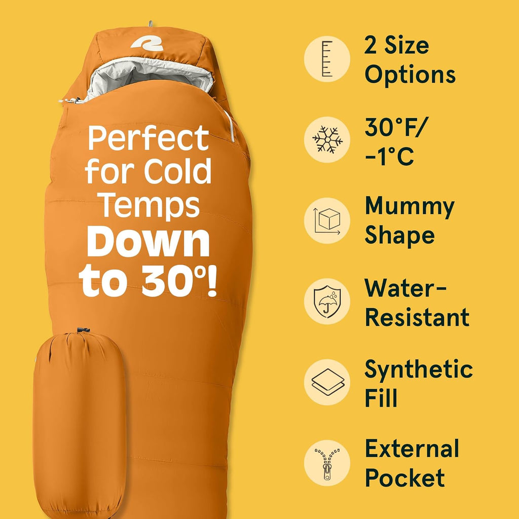 Retrospec Dream Mummy Sleeping Bag - 5, 15, & 30°F Cold Weather Camping & Travel Essential Gear with Water - Resistant Shell & Synthetic Fill - Zippered Pocket & Stuff Sack