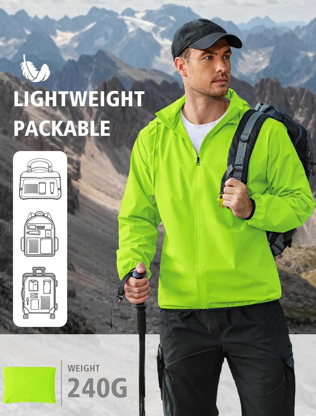 COOFANDY Men's Light Rain Jacket Packable Waterproof Raincoat Windbreaker
