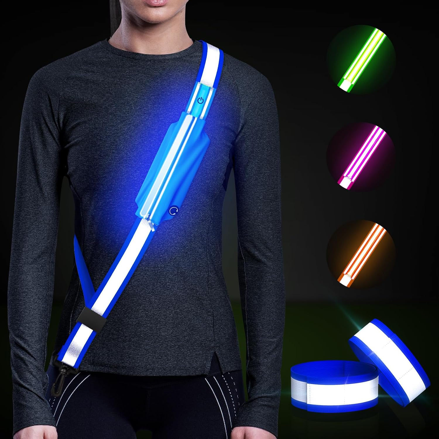 Ylzzrs LED Belt Reflective Sash for Walking at Night,High Visibility Adjustable Night Running Safety Gear,Light Up Running Belt Reflective Gear with Phone Bag/Armband for Runners Walkers Men Women