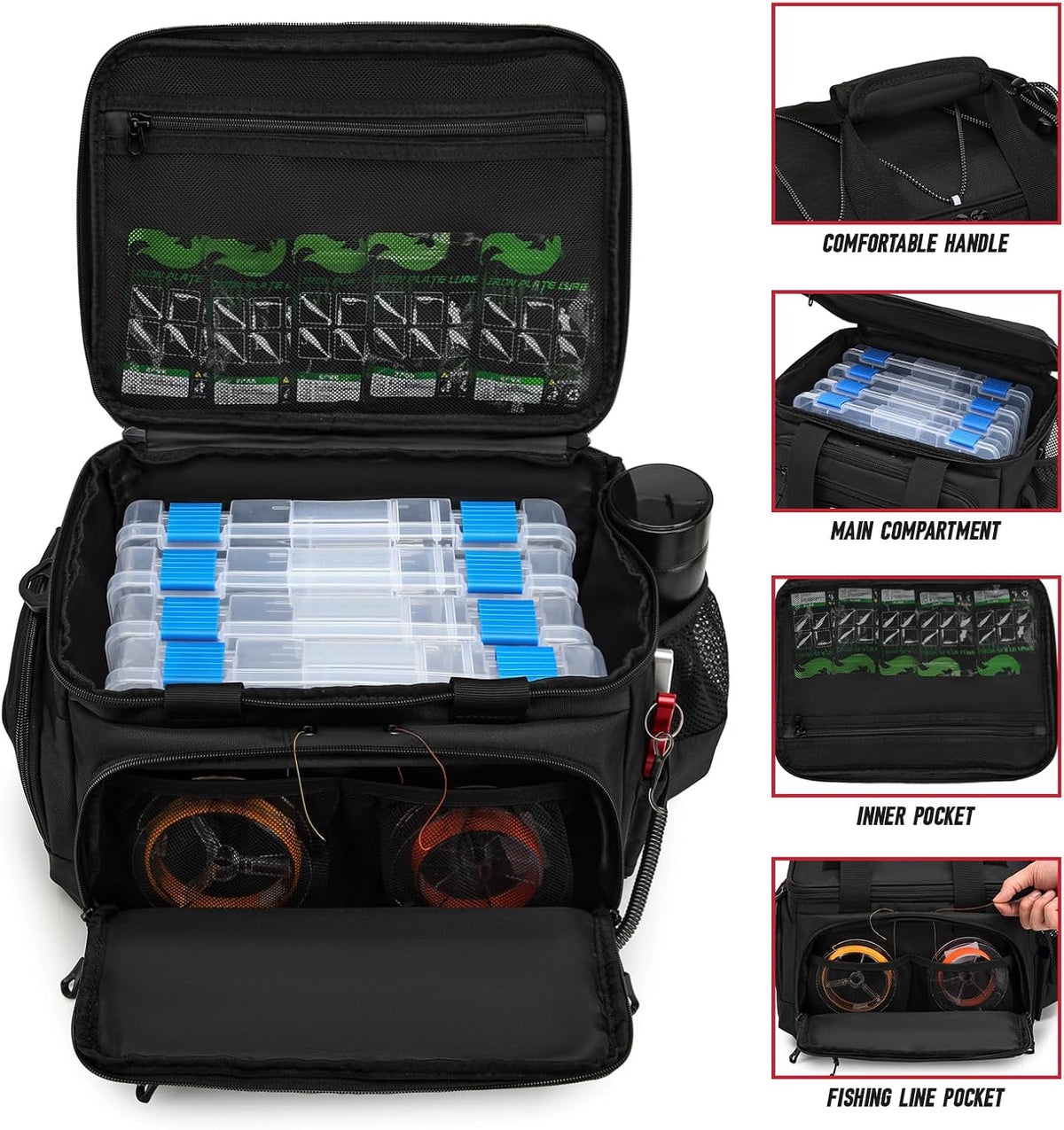 Fishing Tackle Bag, Equipped With 4 Tackle Boxes and Detachable Reel Storage Pouch, Waterproof Fishing Gear Organizer, Adjustable Shoulder Strap Fishing Bags for Saltwater & Freshwater