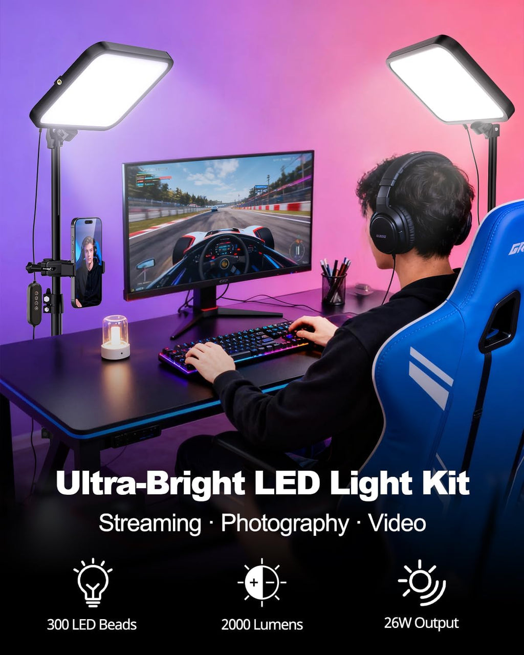 UBeesize 2-Pack LED Video Light Kit with Tripod Stand & Phone Holder